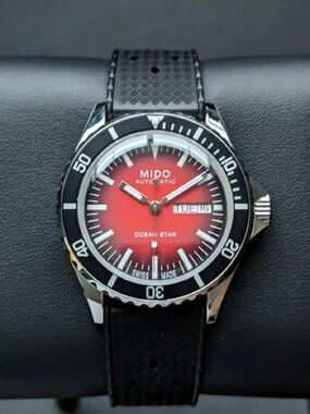 Mido Ocean Star Tribute RARE RED Dial Automatic 40.5mm Diver W/extra FKM Deploy